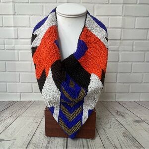 Sassy Jones Beaded Collar Necklace Bandana Scarf Orange Blue Gold Black Heavy
